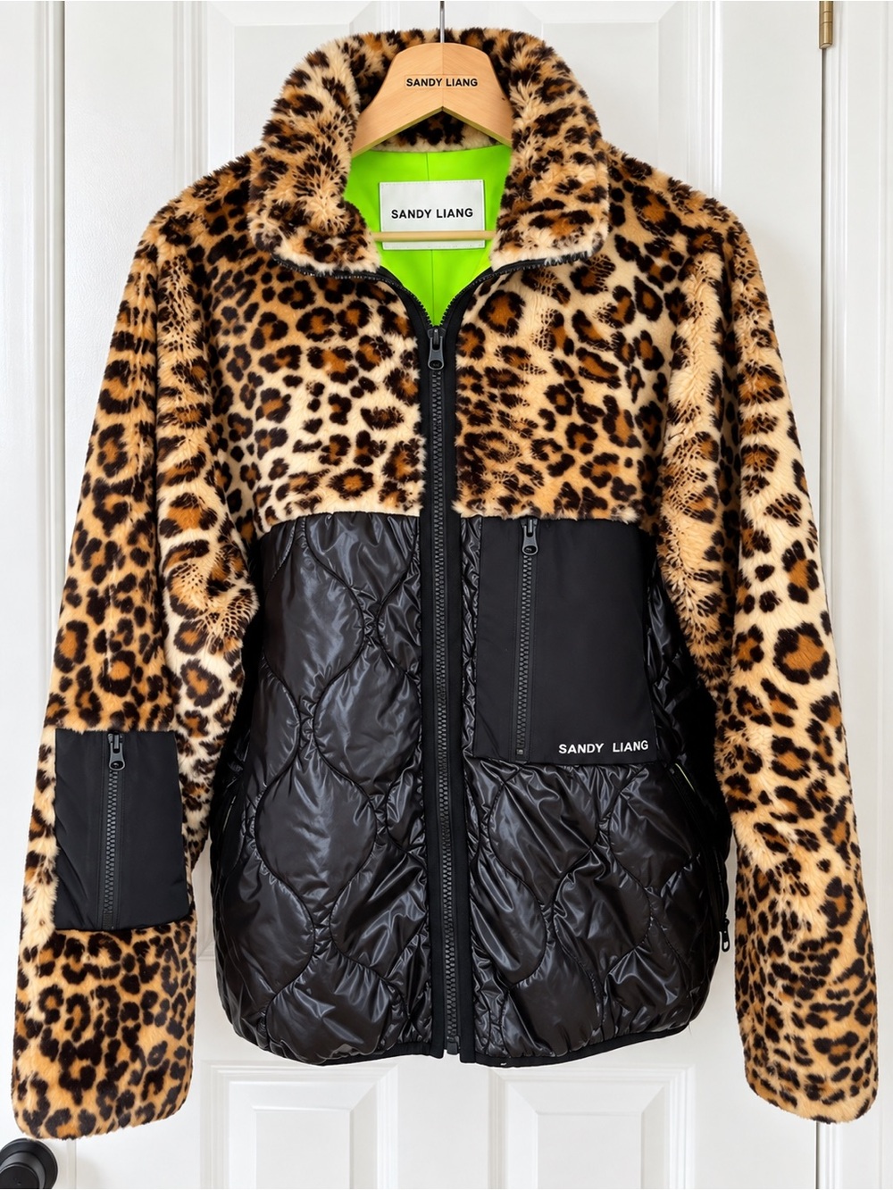 Sandy Liang Leopard Faux Fur and Black Quilted Puffer Jacket
